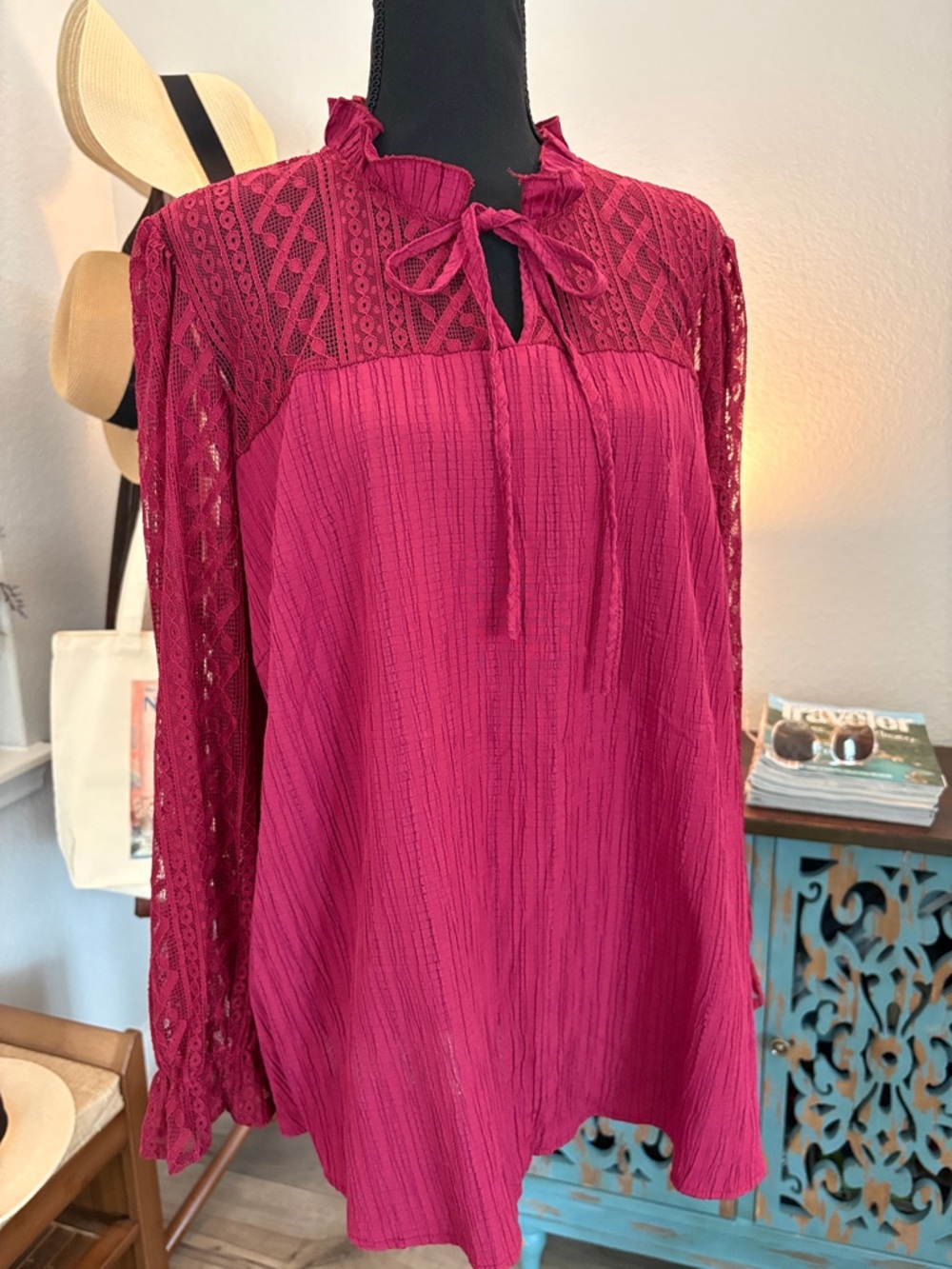 Magenta Lace Yoke Tie-Neck Blouse